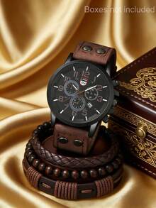 LIANDU LIANDU 1 Set Men's Watch, Calendar Sports Casual Style, Arabic Numeral Round Dial, PU Strap, Genuine Leather Bracelet, Punk Style Bracelet Set, PU Braided Wrap-Around Wristband, Suitable For Daily Wear, Birthday Gift, Party, Holiday Gathering, Ideal Gift For Yourself Or Friends. No Packaging Box Included. - Brown - View 2