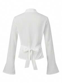 Women's Textured Fall Shirts Fashionable Solid Color Long Sleeve Tie Up Back Button Down Blouse - Ivory - View 2