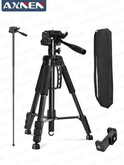 62 英寸（158 厘米）专业三脚架，带水平支撑杆和独脚架转换功能，360° 球形云台快装板，包含便携包和手机支架，适用于相机/环形灯/投影仪/单反/望远镜等。
