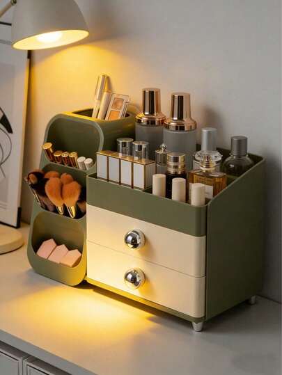 Minimalist Luxury Morandi Style Layered Drawer Makeup Storage Box: Multifunctional Large Capacity Cosmetic Organizer Cabinet For Vanity, Olive Green & Cream White Morandi Color Scheme, Retro Style