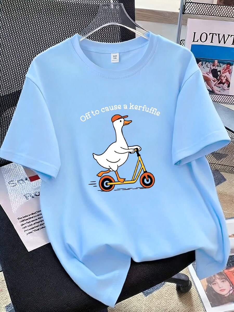大码女式休闲日常通勤度假趣味可爱卡通鸭子标语印花宽松T恤 - 淺藍色 - 查看 1