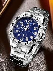 2pcs Luxury Men's Business Watch Set, Black Dial Multi-Function Stainless Steel Quartz Watch With Embossed Black Leather Wallet. The Watch Features An Exquisitely Designed Dial And A High-Quality Steel Strap, While The Wallet Showcases Refined Embossed Craftsmanship. The Overall Style Is Calm And Elegant, Suitable For Wearing With Suits, Daily Commuting, Business Meetings, And Various Other Occasions - Silver - View 4