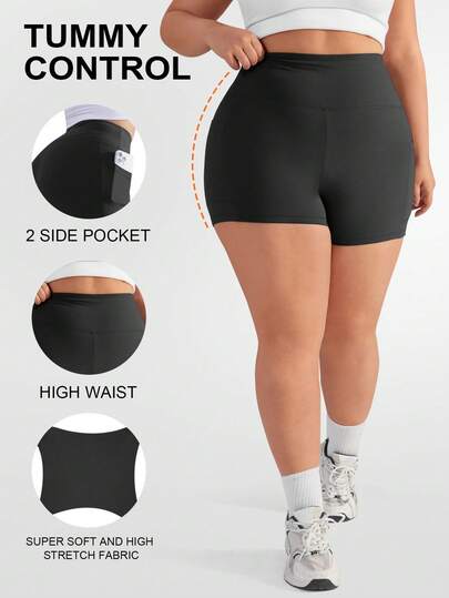 Plus Size Women's High Waist Black Yoga Shorts, Tummy Control, With Pockets, Suitable For Fitness, Cycling, Running And Various Occasions Summer