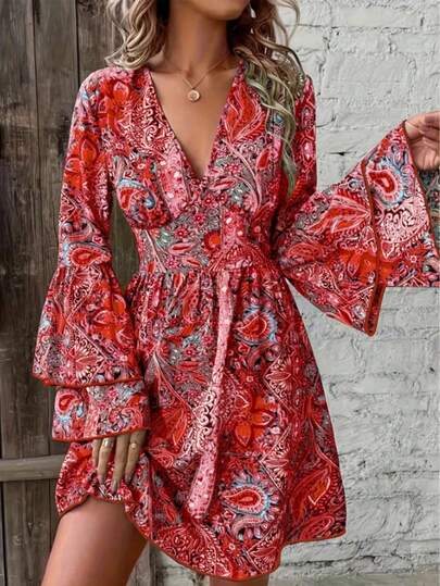 V-Neck Printed Long Sleeve A-Line Dress, Elegant