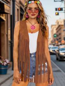 Womens Vintage Western Fringe Vest Tops Classic Suede Vest Sleeveless Tassels Cardigan Jackets - Brown - View 2