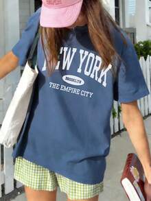 女士夏季字母印花宽松休闲T恤，日常休闲百搭时尚。印花T恤，度假必备。 - 霧霾藍 - 查看 11