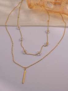 优雅珍珠花朵叠戴项链，18K镀金不锈钢链搭配圆柱形吊坠，适合日常佩戴 - 金黃色 - 查看 2