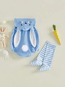 Disfraz de conejito de Pascua para bebé sin mangas con capucha y cremallera, mameluco, calcetines largos a rayas, ropa para fiesta - Azul - Ver 2