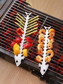 1pc Stainless Steel Fish Bone Shaped Barbecue Skewer, Outdoor Camping Grilling Meat Kebab Tool - Fishbone Shape - View 1