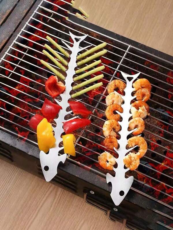 1pc Stainless Steel Fish Bone Shaped Barbecue Skewer, Outdoor Camping Grilling Meat Kebab Tool