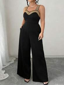 Bộ jumpsuit thanh lịch cỡ lớn với dây đeo mảnh, viền đính hạt vàng trên dây đeo và phần ngực, có túi, kiểu quần ống rộng, phù hợp cho các bữa tiệc và sự kiện trang trọng, màu đen mùa hè. - màu đen - Xem 1