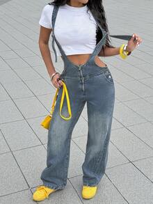 Women's Casual Retro Pocketed Flare Bib Overall Jumpsuit - Retro Washed Blue - View 6