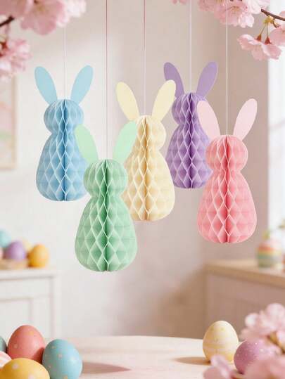 5pcs Easter Bunny Home Honeycomb DIY Desktop Centerpiece Set, Suitable For Spring Easter Decor, Birthday Party, Rabbit Theme Party, Gardening Party, Egg Hunt, Easter Bunny Desktop Decor, Home Easter Decoration, Easter Honeycomb Hanging Decor
