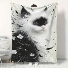 Flannel Luxurious Throw Blanket With Cute Long-Haired Cat & Paw Print (Paws Not Shown) - Soft Cozy Warm Blanket Suitable For Sofa Bed Couch Living Room Bedroom - All-Season Use, 280gsm - Multicolor - View 1