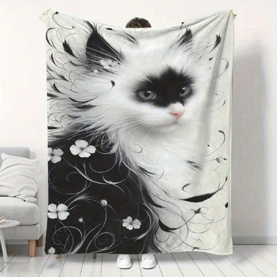 Flannel Luxurious Throw Blanket With Cute Long-Haired Cat & Paw Print (Paws Not Shown) - Soft Cozy Warm Blanket Suitable For Sofa Bed Couch Living Room Bedroom - All-Season Use, 280gsm - Multicolor - View 1