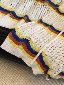 2件套女士镂空条纹背心，系带露脐性感休闲针织套装，沙滩度假风，春夏款 - 奶油色 - 查看 9