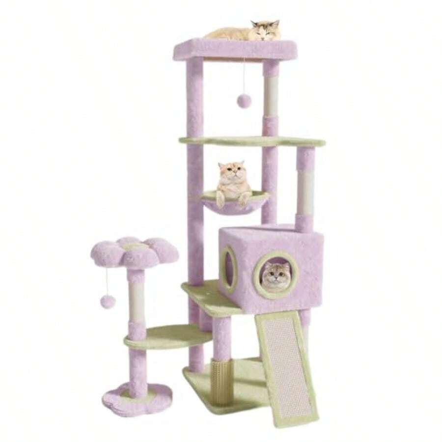 FINYQBET Árbol para Gatos 155 cm de Altura 8 Niveles con Cueva Hamacas Rascador de Sisal y Forro Polar Suave Diseño Flor 2 Pompones Torre de Juego para Gatos Grandes y Múltiples Mascotas - como en la foto - Ver 1