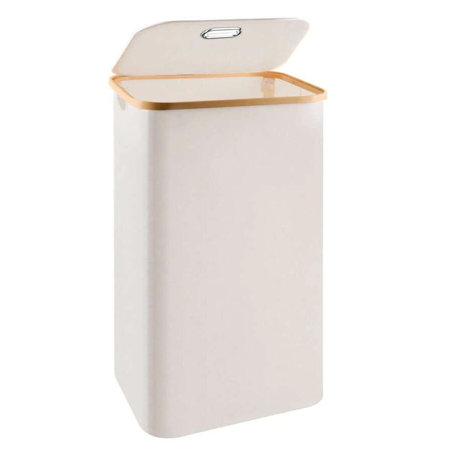 Laundry Hamper With Lid Cover - Sturdy Tall Bamboo Laundry Basket Clothes Organizer - Aesthetic Bedroom Fabric Bin - Big Bathroom Dirty Clothes Hamper - 100 Liters - Beige Vegetable Basket - 米色 - 查看 1