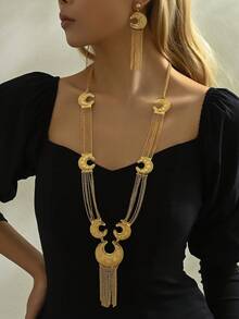 4 pièces/set Ensemble de bijoux élégant avec boucles d'oreilles à plusieurs couches avec gland en forme de lune et collier, pour femmes, mariée, fête, mariage - Or jaune - Voir 2