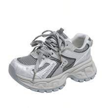 女士银色厚底运动鞋，厚底透气网面跑步鞋，休闲运动鞋，2026春秋款 - 灰色 - 查看 2