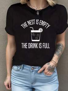 Camiseta divertida El nido está vacío, la bebida está llena, estilo universitario, informal, de moda, con cuello redondo para mujer. Camiseta de manga corta de algodón de 220 g, impresión por una cara - Negro - Ver 7