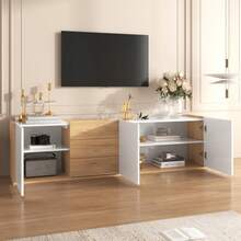 Low TV Unit, White And Wood Colour, Can Be Fixed To The Wall Or Placed On The Floor. - White - View 4