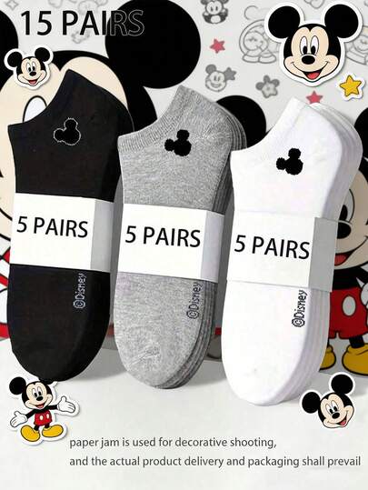 Disney 1/3/9/15 par Musse Pigg-strumpor med klassiska Musse Pigg-designdetaljer. Dessa strumpor finns i klassisk svart färg, med liten etikettdesign, enkelt färgschema, andningsbart material, en mångsidig basstrumpa lämplig för vardagsbruk eller sport under alla årstider. Finns även i vita och grå enfärgade, iögonfallande enkel design.