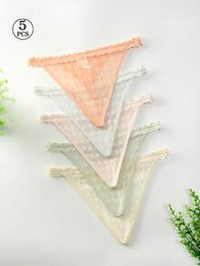 5件装，女士纯色蕾丝拼接低腰丁字裤，心形腰带半透明蕾丝内裤，性感高弹时尚家居派对通用丁字裤，多色组合丁字裤套装 - 彩色 - 查看 1