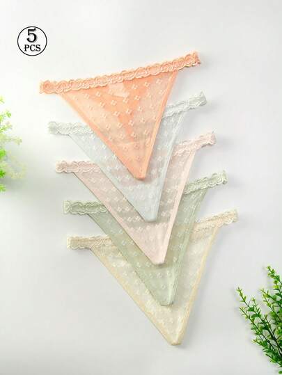 5pcs,Women's Solid Color Lace Splicing Low Waist Thong,Heart Waist Semi-Sheer Lace Panties,Sexy Thong High Stretch Fashion Home Party Universal Thong,Multi-Color Combination Panties G-String Set