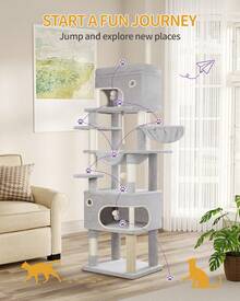 178cm Cat Tree For Indoor Cats, Multi-Layer Scratching Post With Large Platform, 2 Caves, 7 Sisal Posts, Pompoms, Cat Basket, Hammock, Suitable For Cats, Light Grey - Light Grey - View 1