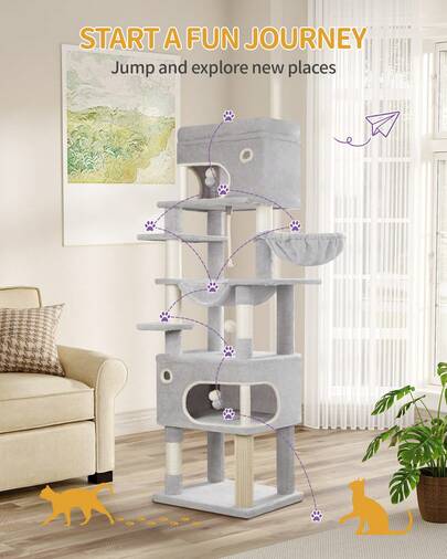 178cm Cat Tree For Indoor Cats, Multi-Layer Scratching Post With Large Platform, 2 Caves, 7 Sisal Posts, Pompoms, Cat Basket, Hammock, Suitable For Cats, Light Grey