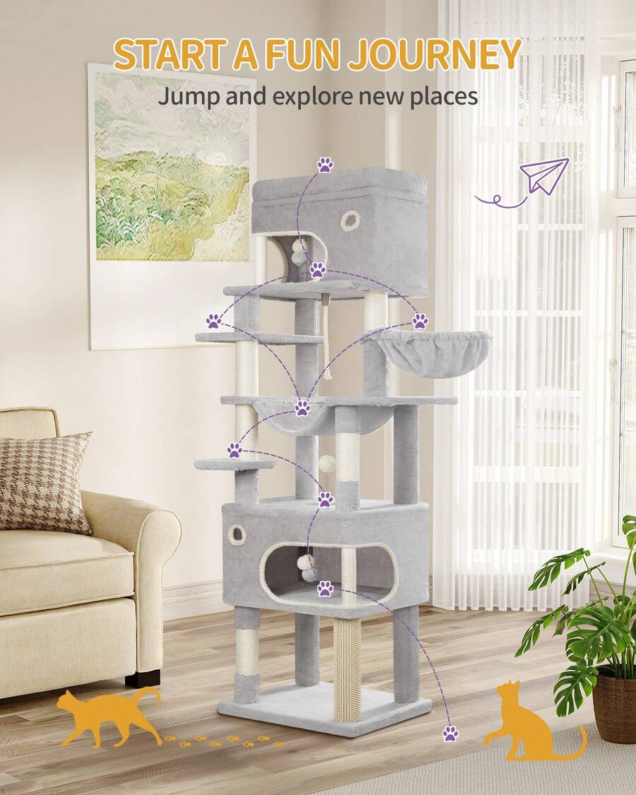 178cm Cat Tree For Indoor Cats, Multi-Layer Scratching Post With Large Platform, 2 Caves, 7 Sisal Posts, Pompoms, Cat Basket, Hammock, Suitable For Cats, Light Grey - Light Grey - View 1