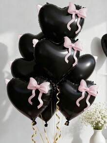 10个22英寸心形铝箔气球，带可爱蝴蝶结，颜色包括亮粉色、黑色、红色和浅粉色，适合公主生日派对装饰、蝴蝶主题派对用品、情人节装饰、求婚、周年纪念、日常使用、婴儿派对、婚礼和其他节日装饰，也适合用作背景装饰、网红拍照道具、浪漫惊喜之夜、订婚、生日装饰、求婚、“她答应了”、红墙、“你愿意嫁给我吗？”、浪漫求婚、“你愿意吗？” - 彩色 - 查看 10