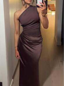 Women One Shoulder Bodycon Maxi Dress Sleeveless Ruched Elegant Evening Party Dress - Cà phê nâu - Xem 4