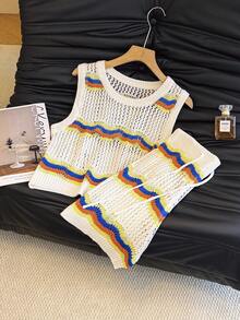 2件套女士镂空条纹背心，系带露脐性感休闲针织套装，沙滩度假风，春夏款 - 奶油色 - 查看 4