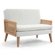 sillones para recamaraHOMEMAKE FURNITURE Sofá de Dos Plazas Moderno Silla Decorativa Malla de Ratán Marco de Madera Cojín Cómodo y grueso con Almohadillas para los pies para Sala de Estar Recámara Blanco - Blanco Doble - Ver 1