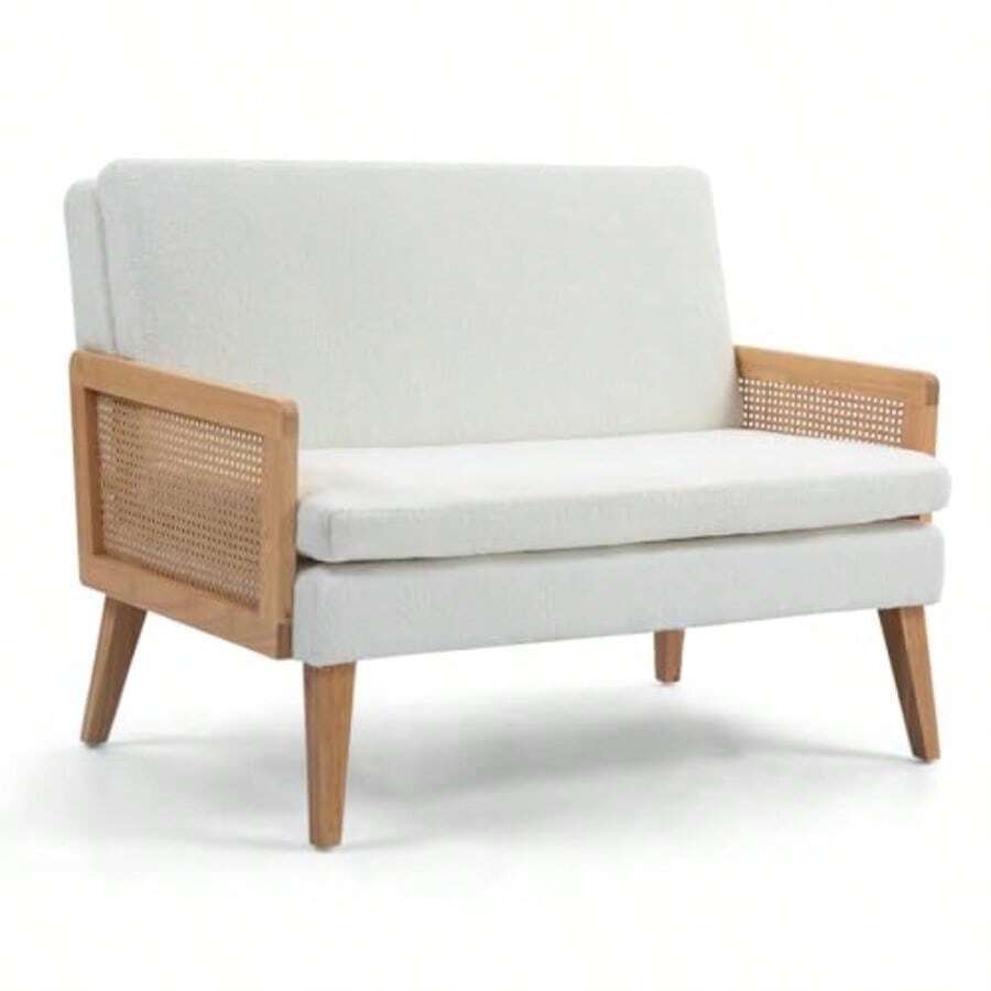 sillones para recamaraHOMEMAKE FURNITURE Sofá de Dos Plazas Moderno Silla Decorativa Malla de Ratán Marco de Madera Cojín Cómodo y grueso con Almohadillas para los pies para Sala de Estar Recámara Blanco - Blanco Doble - Ver 1
