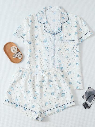 【优雅田园】女士舒适海岛风波点贝壳印花短袖翻领上衣带口袋蝴蝶结短裤睡衣套装（两件套）