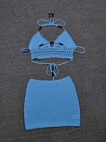 Bộ đồ 2 mảnh Yuwenier gợi cảm gồm áo hai dây cổ chữ V đính hạt, khoét lưng và chân váy mini ôm sát, trang phục đi biển mùa hè cho nữ. - Màu xanh lam - Xem 4