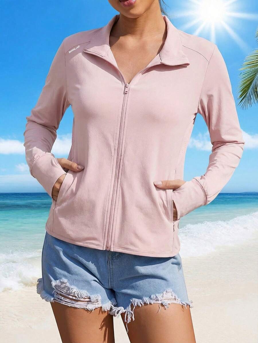 Light Pink Ice Silk Stand Collar Jacket Women Summer Thin Casual Windbreaker Beach Holiday Top - Pink - View 1