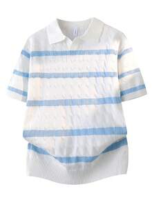 1件男士蓝白条纹短袖V领绞花针织休闲Polo衫，春季休闲服饰 - 淺藍色 - 查看 3