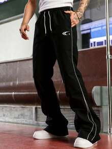 1件男士休闲印花抽绳腰裤，适合夏季街头休闲穿着 - 黑色 - 查看 3