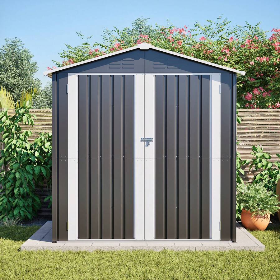 142x185cm Metal Shed, Garden Tent With Vent, Lockable Door, Windproof Garden Equipment, Grey - A - View 1