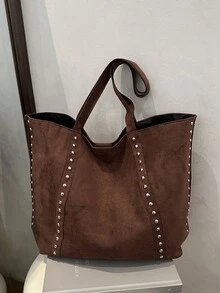 1 chiếc túi xách nữ thời trang màu nâu mới, chất liệu da lộn phối nhiều mảng màu, túi đeo vai cỡ lớn có đinh tán, kiểu dáng tối giản thanh lịch, đa năng. - màu nâu - Xem 7