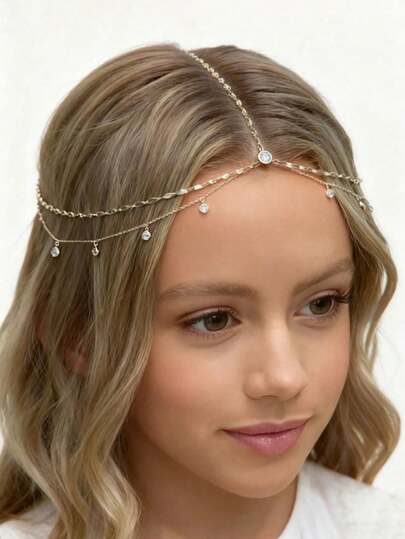 1pc Children's New Luxury Fashion Bohemian Style Headchain, Minimalist Sparkling Hair Accessory, Multi-Layer Crystal Pendant Headchain, Suitable For Children's Party, Performance, Wedding, Back To School, Valentine's Day Best Personalized Gift