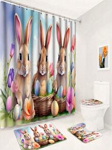 Easter Bunny Cartoon Shower Curtain Set, 1/3/4 Pcs, Waterproof Polyester Bathroom Decor With Hooks, Non-Slip Rug, U-Shaped Mat, Toilet Lid Cover, Lightweight Woven Art Partition, Suitable For All Seasons, Easy To Clean - Easter Home Accessories - A - View 17