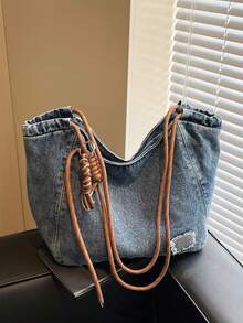 Fashionable Retro Popular Shoulder Bag, Simple Solid Color Large Capacity Casual Multifunctional Tote Bag, Niche Design Daily Generous Armpit Bag, Suitable For Shopping, Daily Outings, Gatherings, Commuting - Blue - View 7