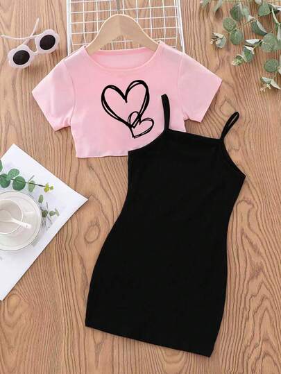 Young Girl Summer Casual Heart Print Short Sleeve T-Shirt And Cami Dress Set
