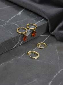 4 件/套 18K 镀金不锈钢耳环配红色方晶锆石心形吊坠，铜微镶嵌镀金圆形耳环套装，适合女士，优雅时尚，日常佩戴混搭，情人节礼物，情人节，妈妈，母亲，母亲节，礼物 - 紅色 - 查看 8