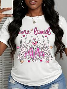 Mother's Day Women Plus Size Short Sleeve T Shirt Skeleton Hands Mama Pink Hearts Print Casual Wear - trắng - Xem 1